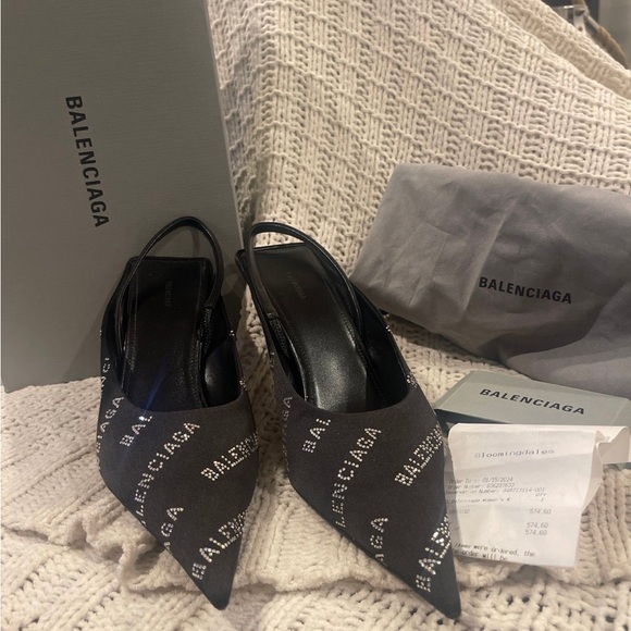 BALENCIAGE WOMEN'S SQUARE KNIFE SLINGBACK 80MM MULE WITH RHINESTONES IN BLACK - Picture 2 of 7